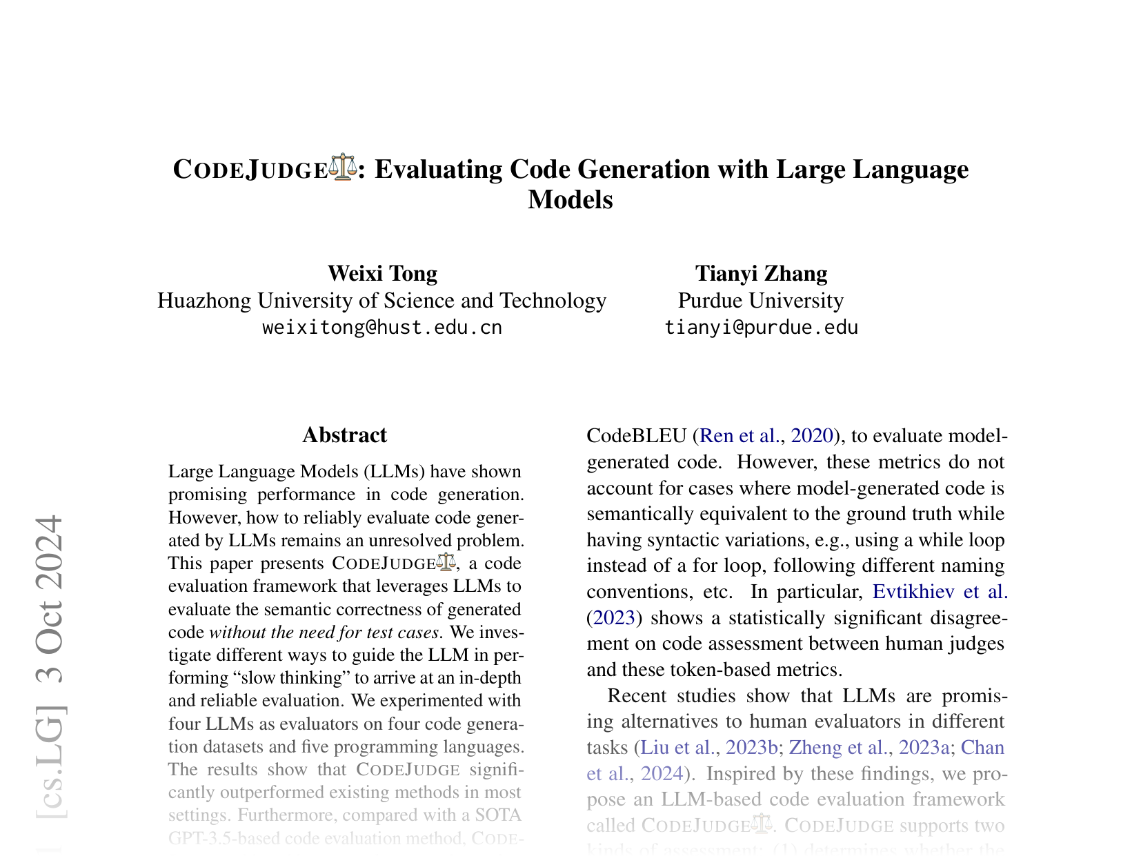 [CODEJUDGE: Evaluating Code Generation with Large Language Models 🔗](https://arxiv.org/abs/2410.02184)