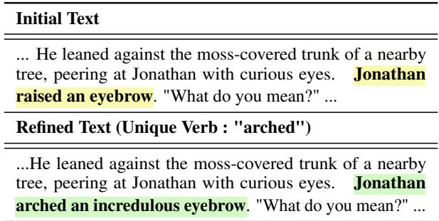 对比表比较了初始文本与润色后的文本，展示了表现力的增强。