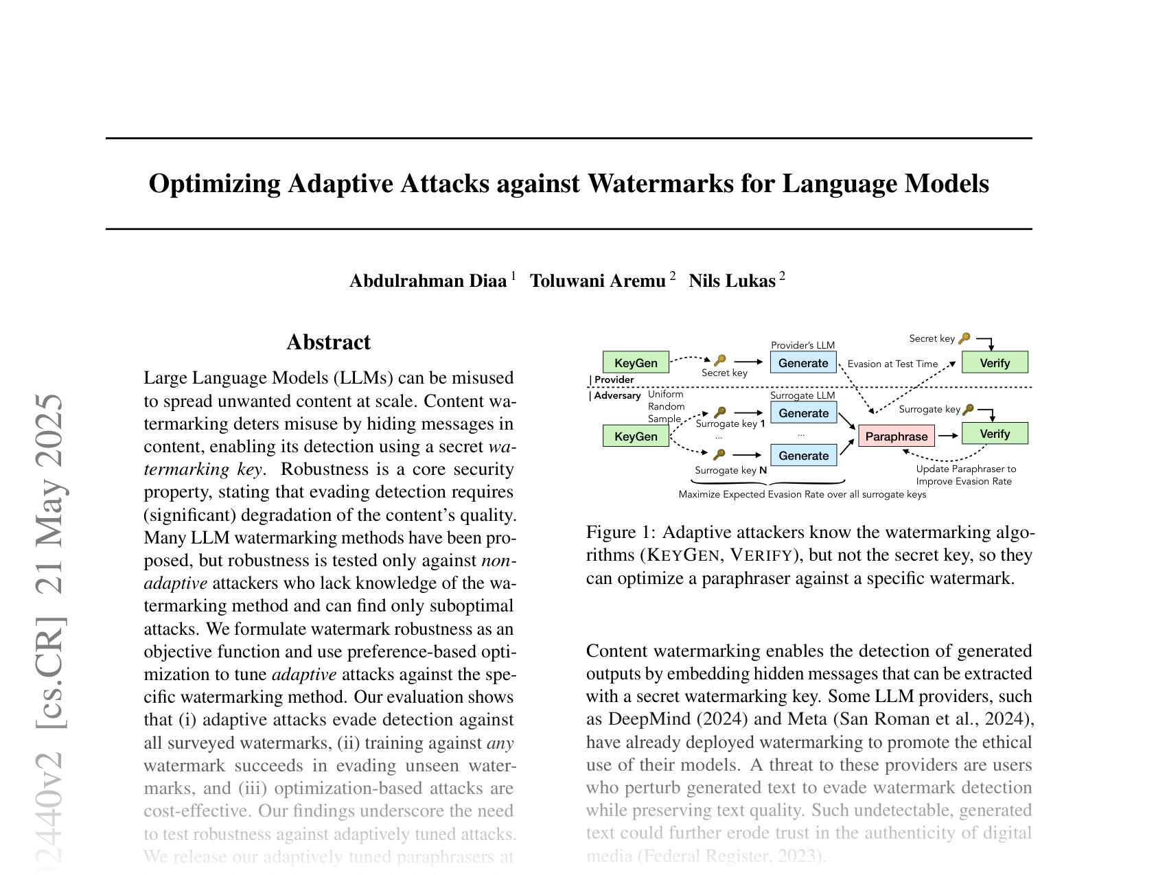 [Optimizing Adaptive Attacks against Watermarks for Language Models 🔗](https://arxiv.org/abs/2410.02440)