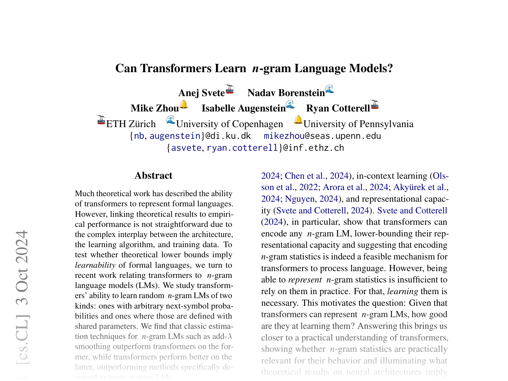 [Can Transformers Learn n-gram Language Models? 🔗](https://arxiv.org/abs/2410.03001)