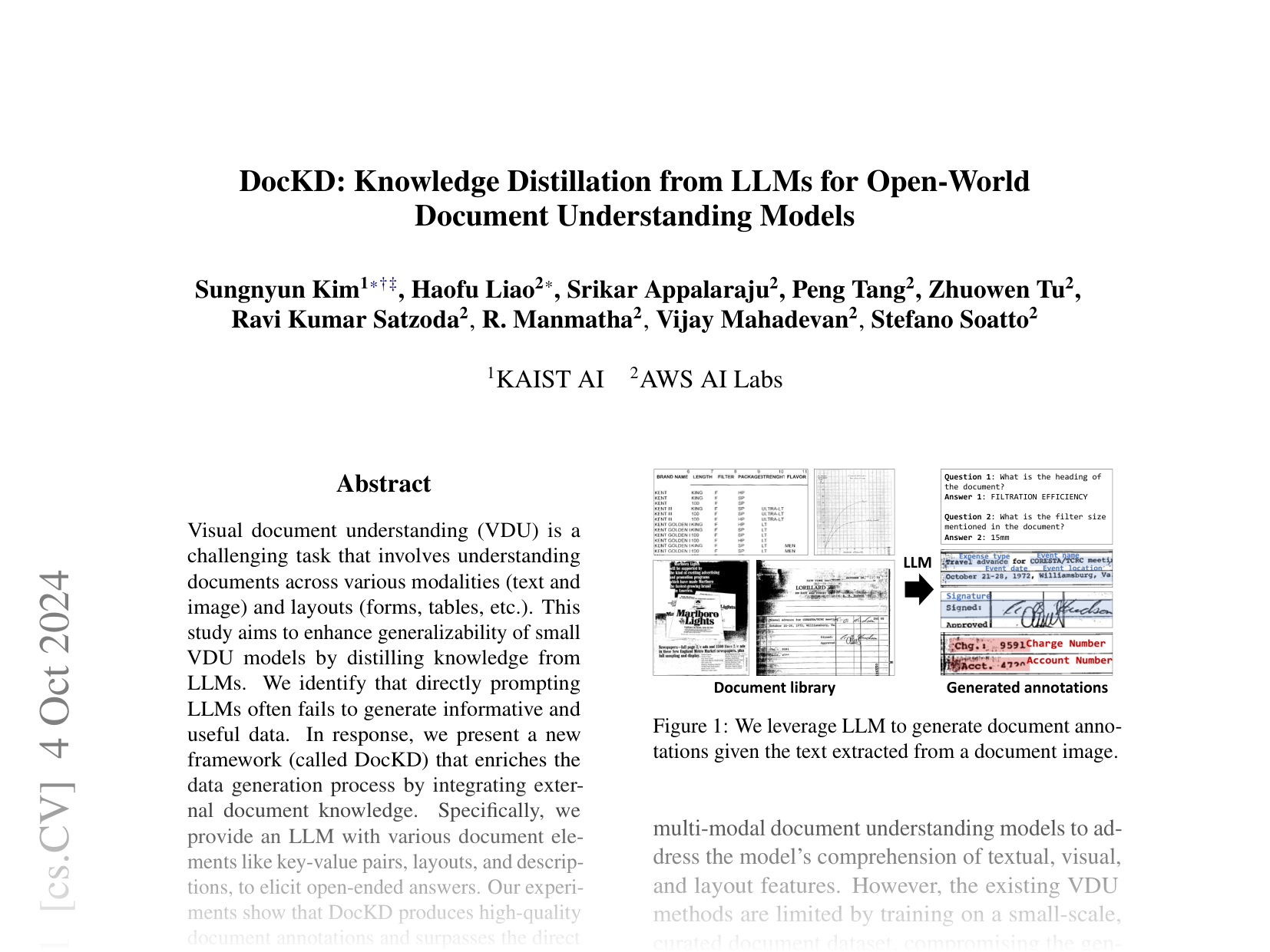 [DocKD: Knowledge Distillation from LLMs for Open-World Document Understanding Models 🔗](https://arxiv.org/abs/2410.03061)