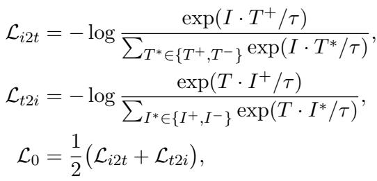 图像到文本和文本到图像的标准对比损失方程。