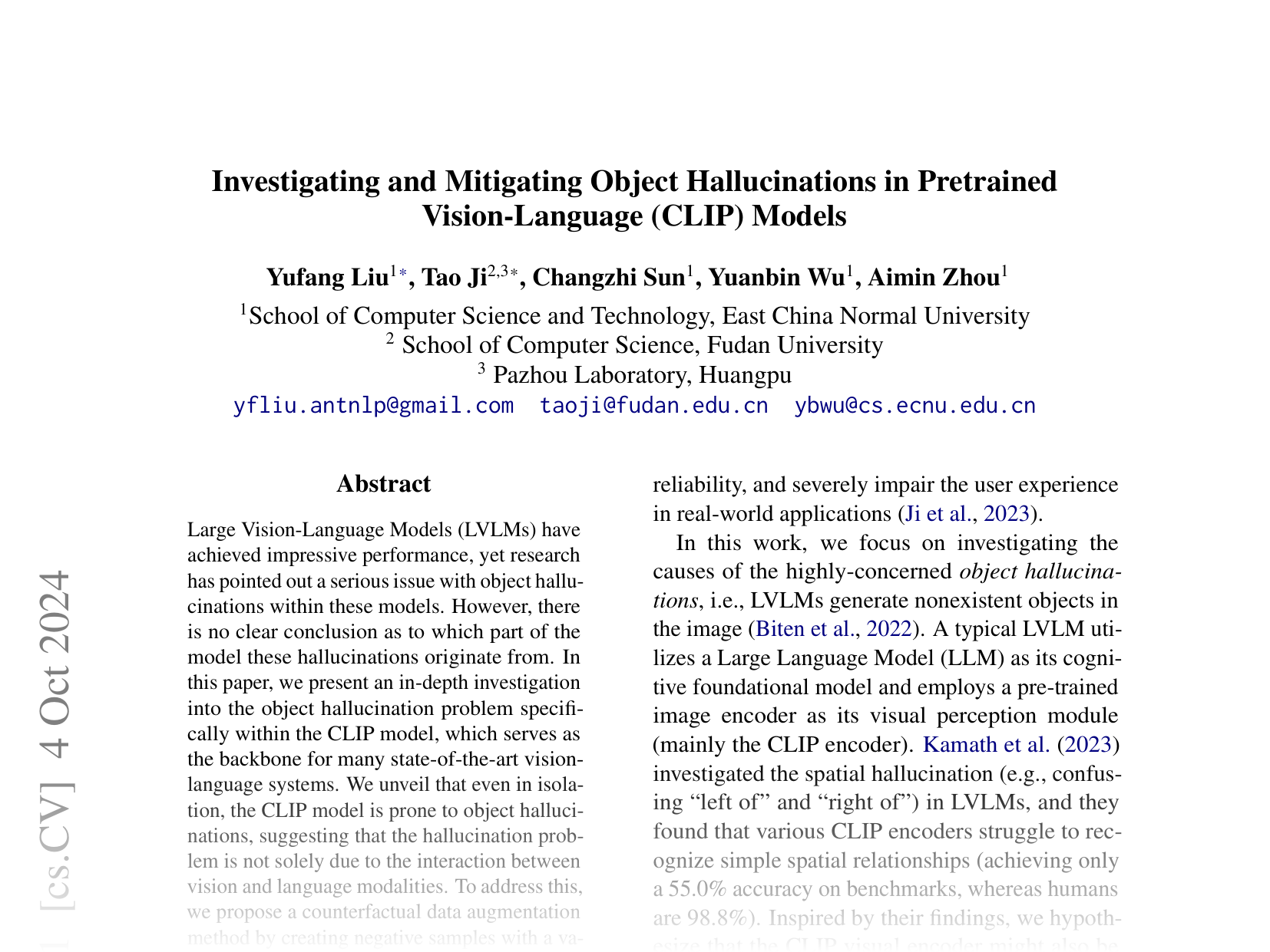 [Investigating and Mitigating Object Hallucinations in Pretrained Vision-Language (CLIP) Models 🔗](https://arxiv.org/abs/2410.03176)