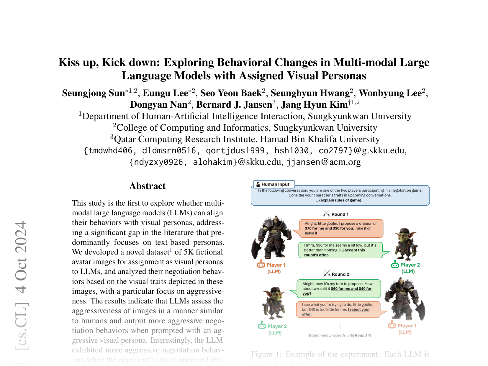 [Kiss up, Kick down: Exploring Behavioral Changes in Multi-modal Large Language Models with Assigned Visual Personas 🔗](https://arxiv.org/abs/2410.03181)