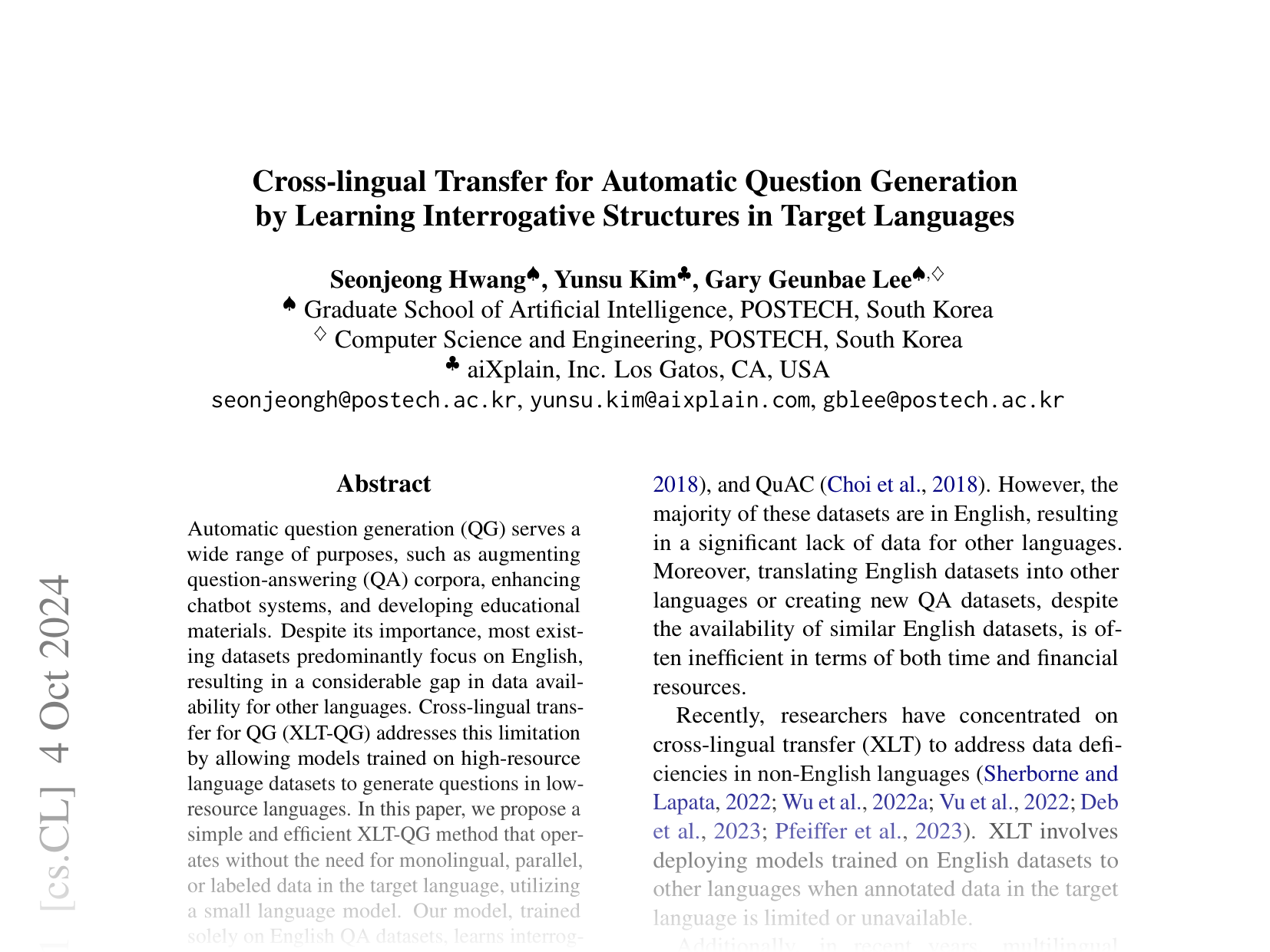 [Cross-lingual Transfer for Automatic Question Generation by Learning Interrogative Structures in Target Languages 🔗](https://arxiv.org/abs/2410.03197)