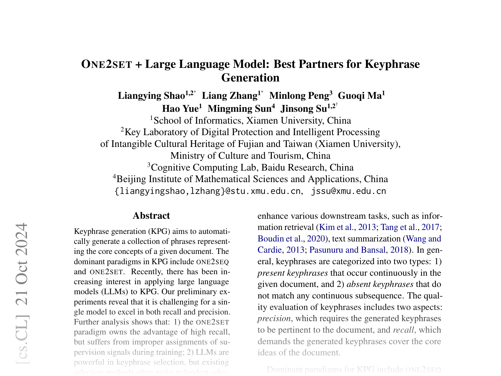 [ONE2SET + Large Language Model: Best Partners for Keyphrase Generation 🔗](https://arxiv.org/abs/2410.03421)