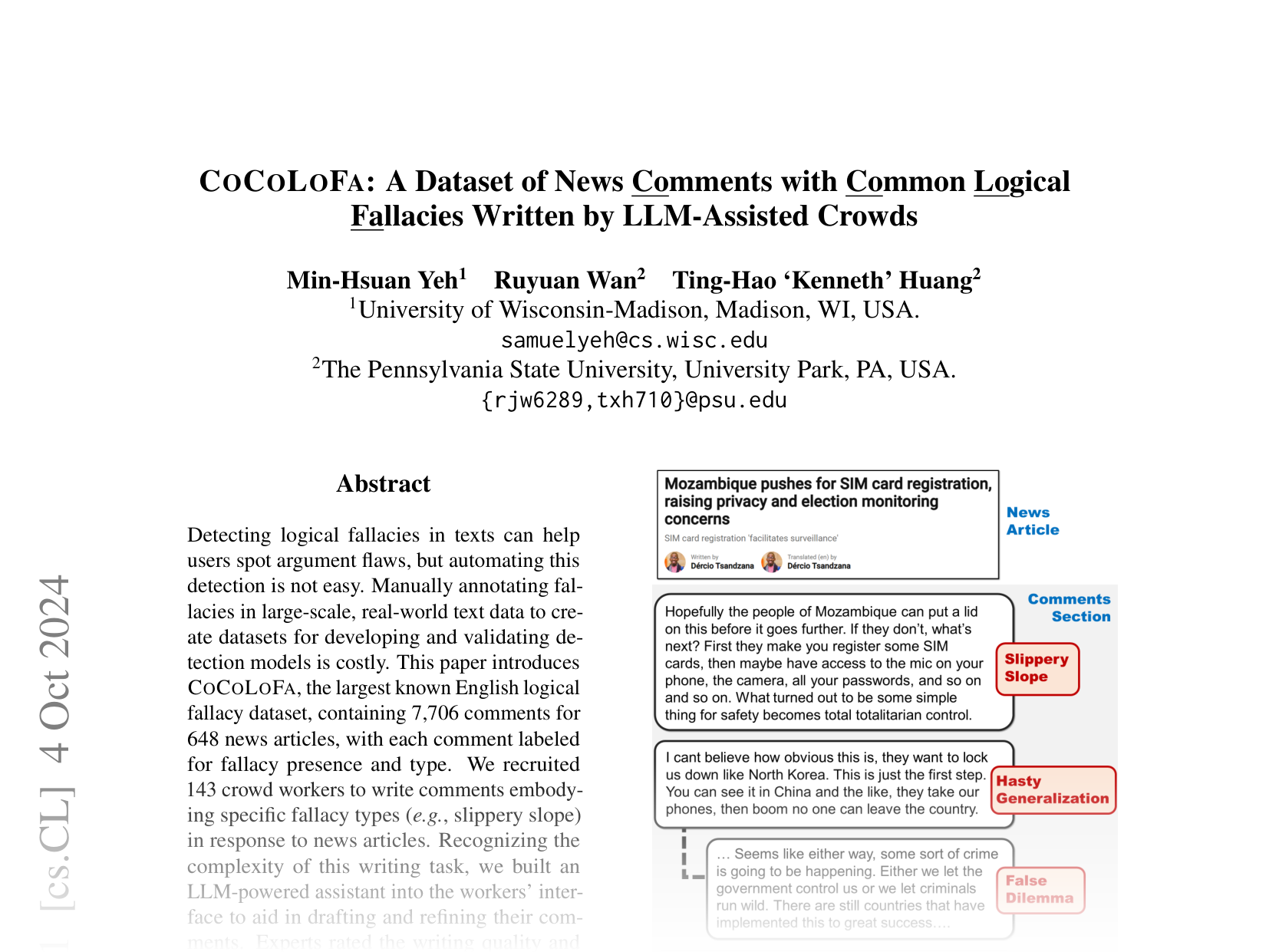 [CoCoLoFa: A Dataset of News Comments with Common Logical Fallacies Written by LLM-Assisted Crowds 🔗](https://arxiv.org/abs/2410.03457)