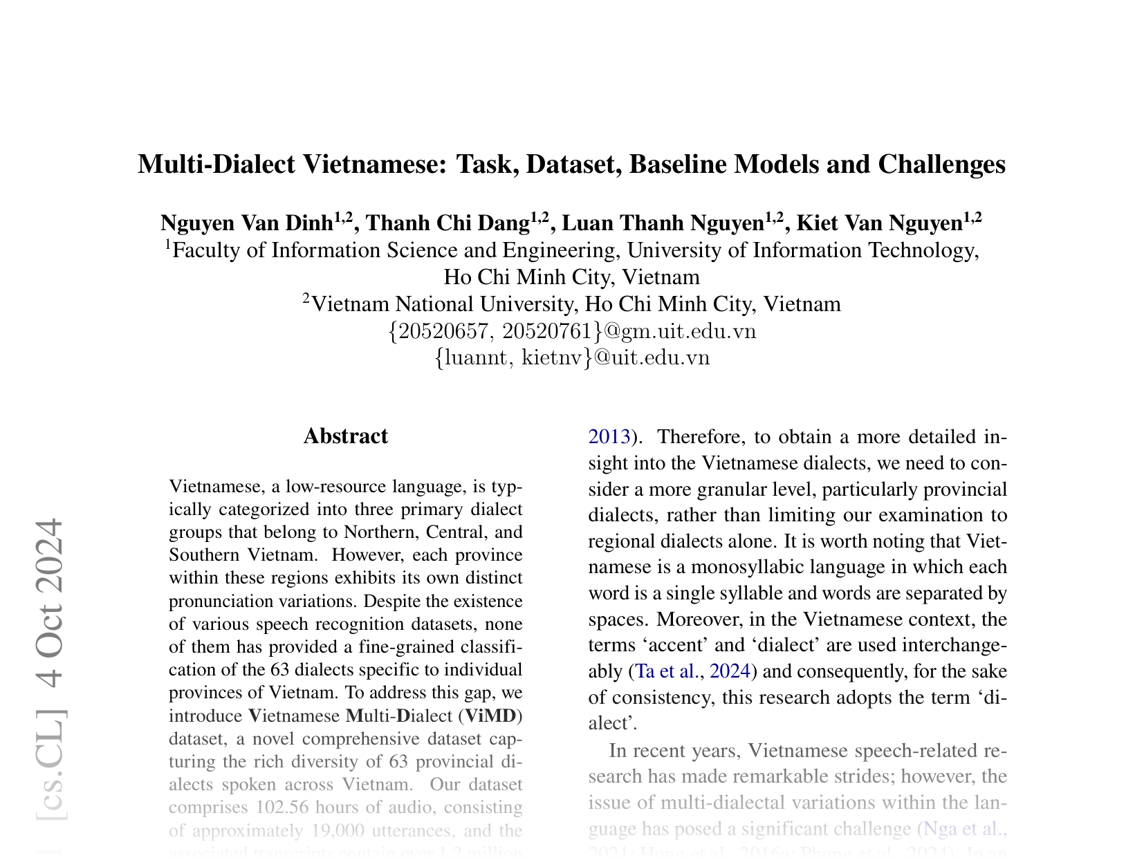 [Multi-Dialect Vietnamese: Task, Dataset, Baseline Models and Challenges 🔗](https://arxiv.org/abs/2410.03458)
