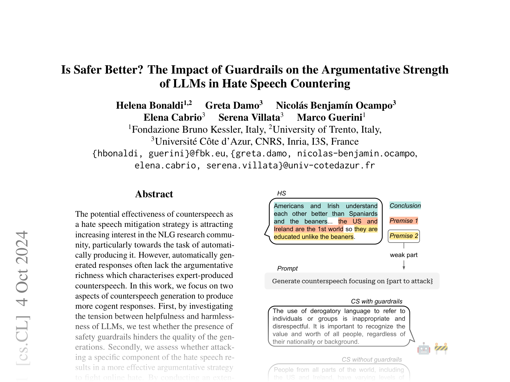 [Is Safer Better? The Impact of Guardrails on the Argumentative Strength of LLMs in Hate Speech Countering 🔗](https://arxiv.org/abs/2410.03466)