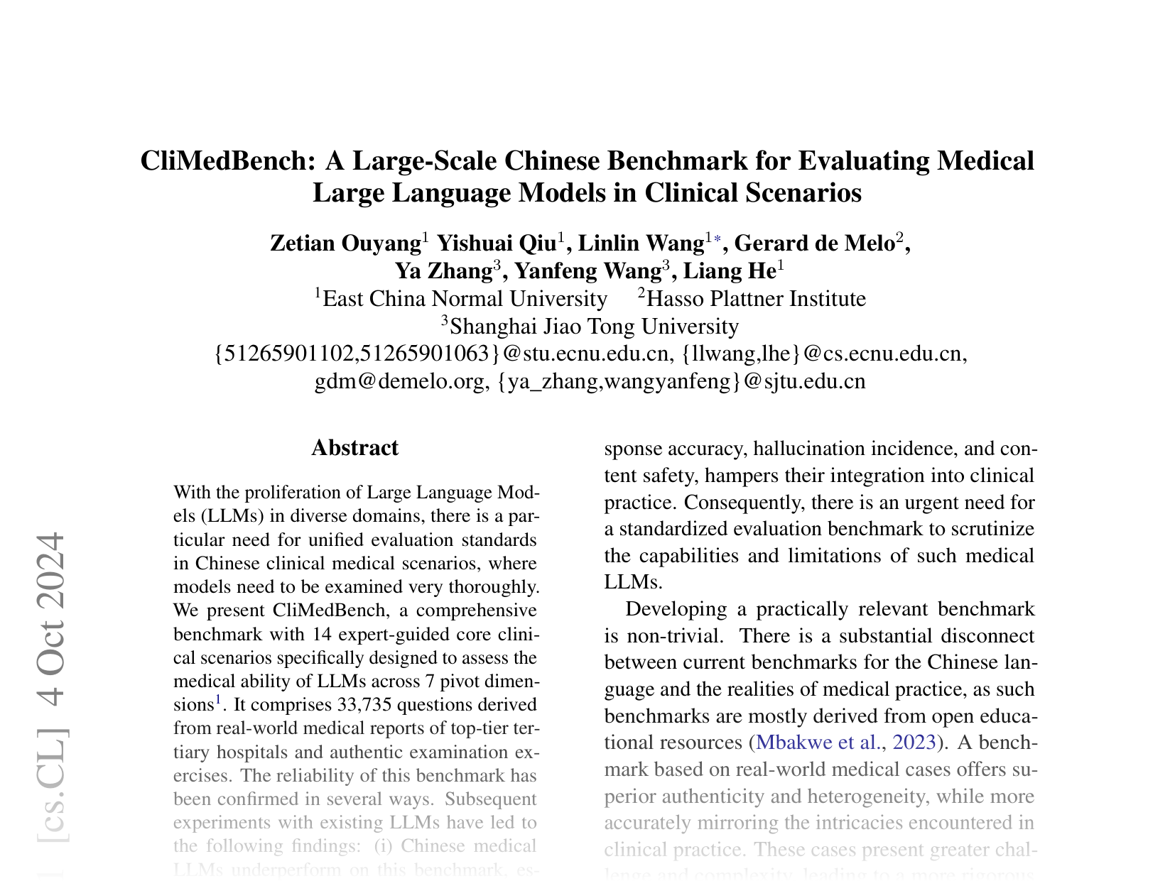 [CliMedBench: A Large-Scale Chinese Benchmark for Evaluating Medical Large Language Models in Clinical Scenarios 🔗](https://arxiv.org/abs/2410.03502)