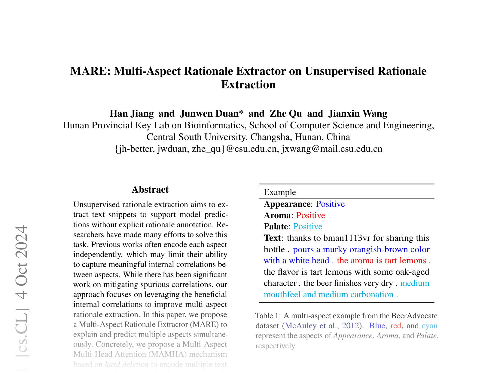 [MARE: Multi-Aspect Rationale Extractor on Unsupervised Rationale Extraction 🔗](https://arxiv.org/abs/2410.03531)