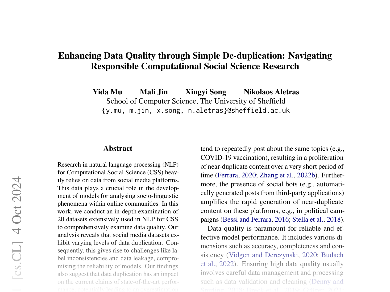 [Enhancing Data Quality through Simple De-duplication: Navigating Responsible Computational Social Science Research 🔗](https://arxiv.org/abs/2410.03545)