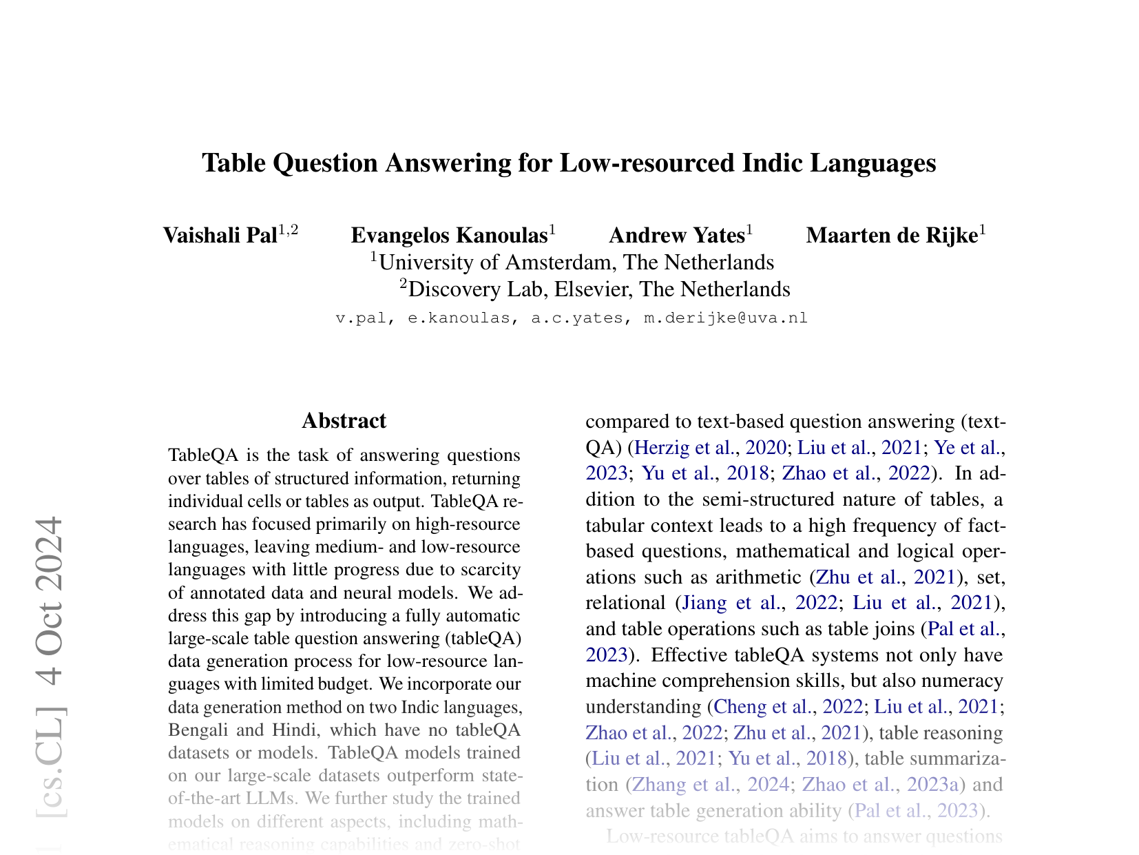 [Table Question Answering for Low-resourced Indic Languages 🔗](https://arxiv.org/abs/2410.03576)