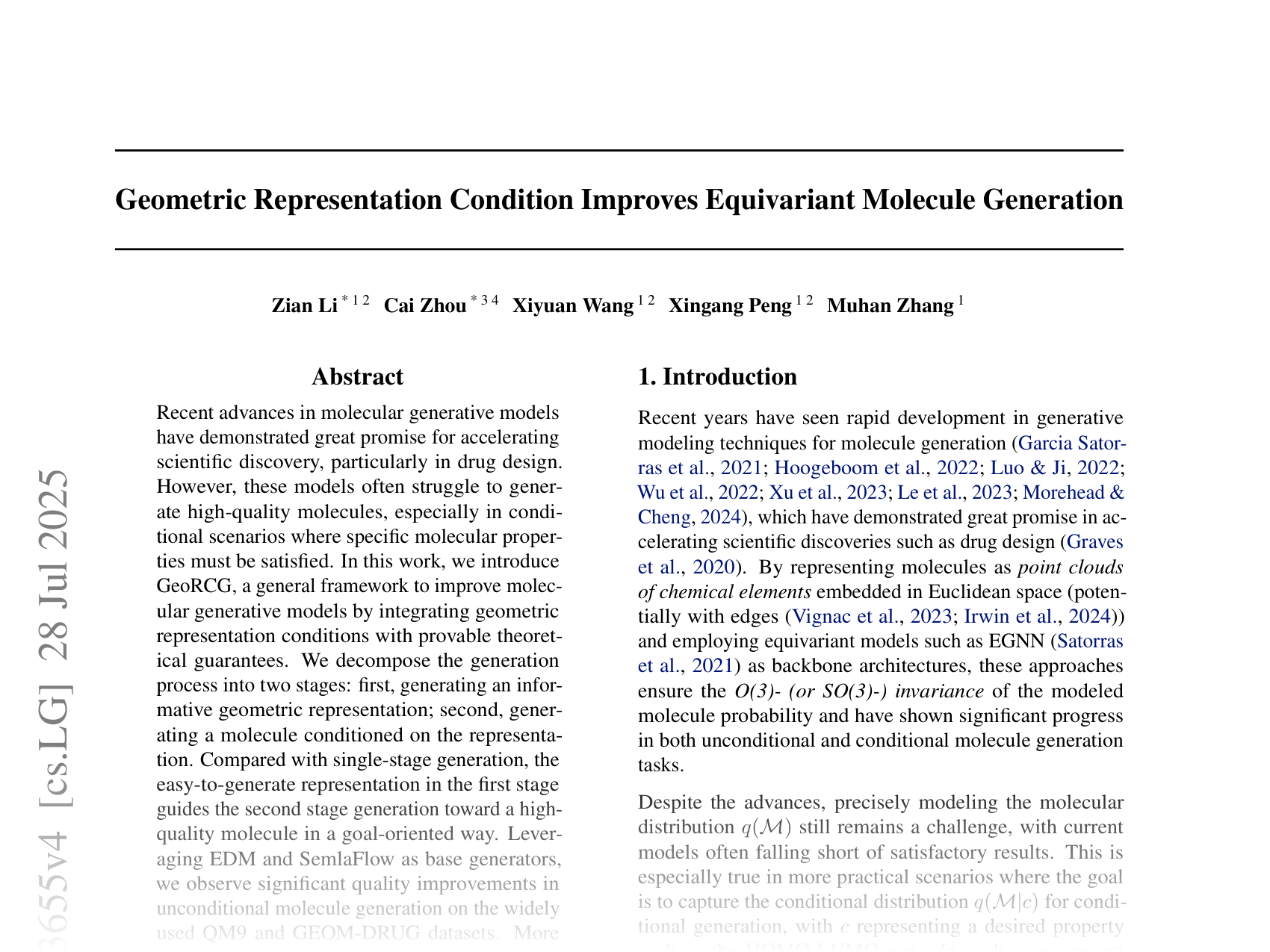 [Geometric Representation Condition Improves Equivariant Molecule Generation 🔗](https://arxiv.org/abs/2410.03655)