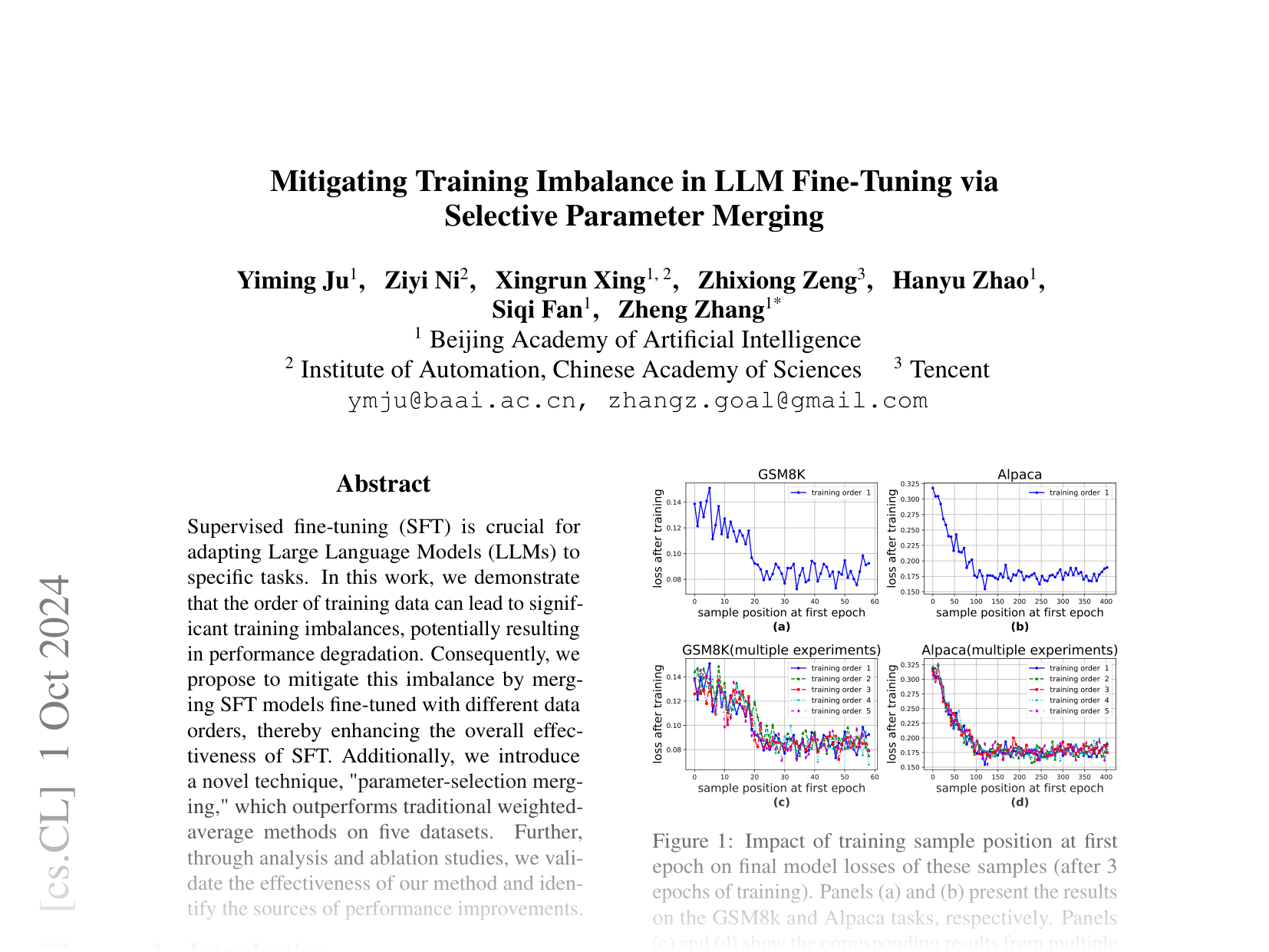 [Mitigating Training Imbalance in LLM Fine-Tuning via Selective Parameter Merging 🔗](https://arxiv.org/abs/2410.03743)