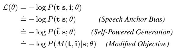 Equation Set: Theoretical discussion on how self-powered training shifts the objective from Speech Anchor Bias to a Modified Objective.