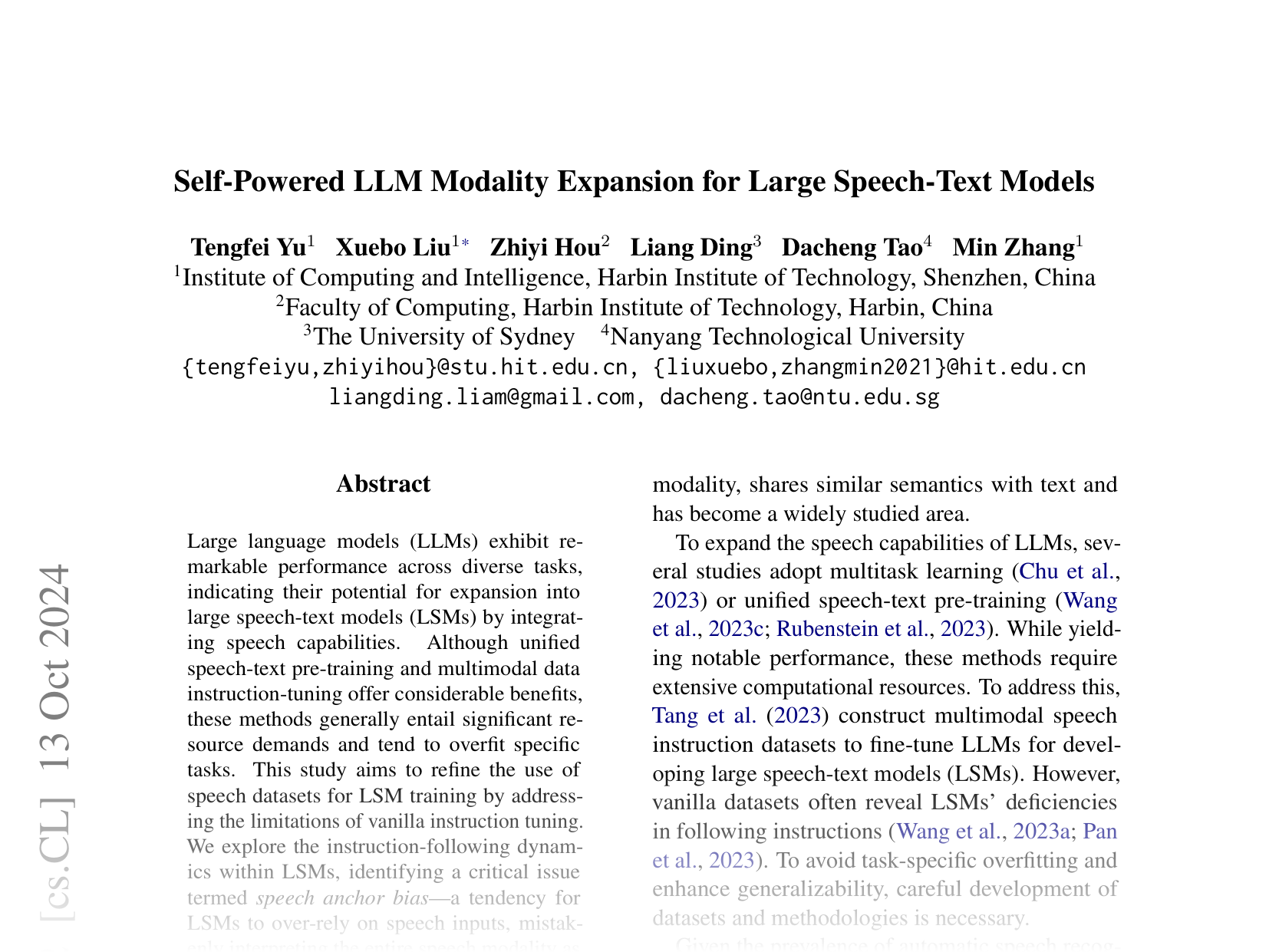 [Self-Powered LLM Modality Expansion for Large Speech-Text Models 🔗](https://arxiv.org/abs/2410.03798)