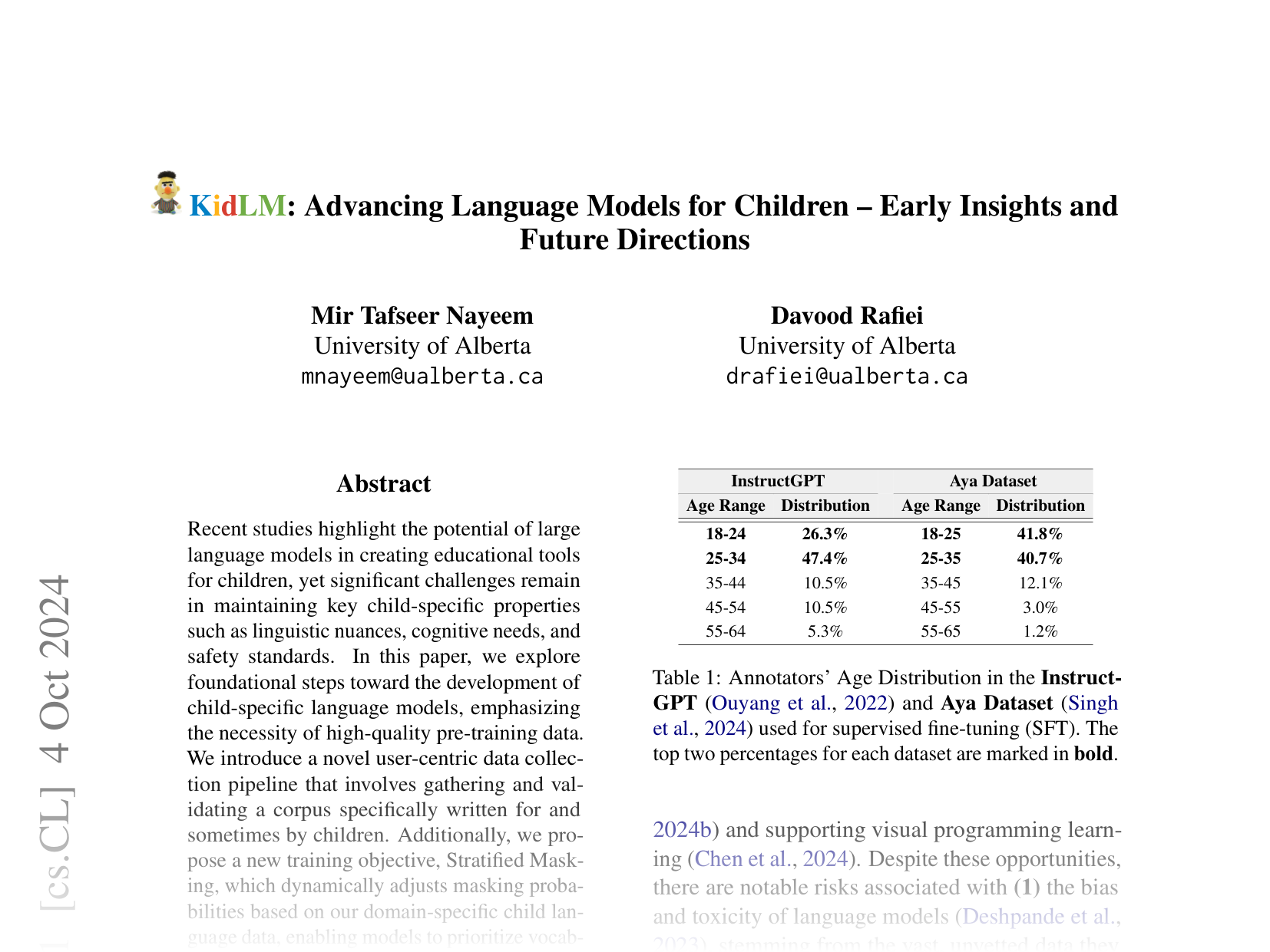 [KidLM: Advancing Language Models for Children – Early Insights and Future Directions 🔗](https://arxiv.org/abs/2410.03884)