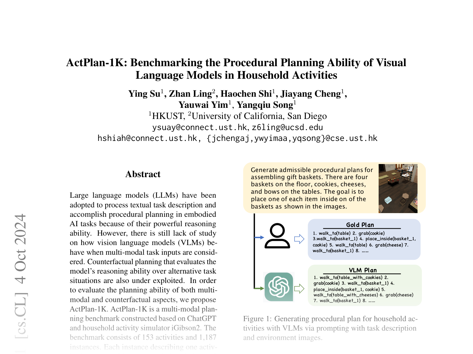 [ActPlan-1K: Benchmarking the Procedural Planning Ability of Visual Language Models in Household Activities 🔗](https://arxiv.org/abs/2410.03907)