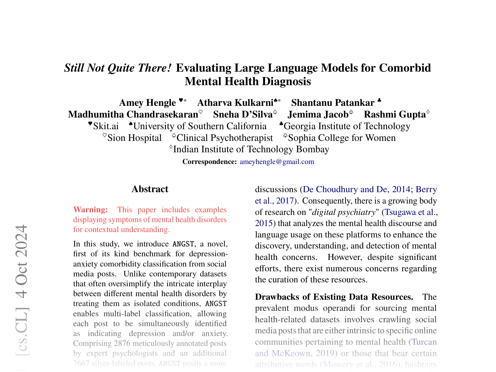 [Still Not Quite There! Evaluating Large Language Models for Comorbid Mental Health Diagnosis 🔗](https://arxiv.org/abs/2410.03908)