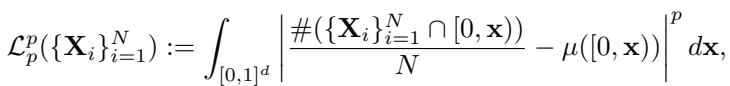 Equation for Lp discrepancy involving an integral over the unit hypercube.