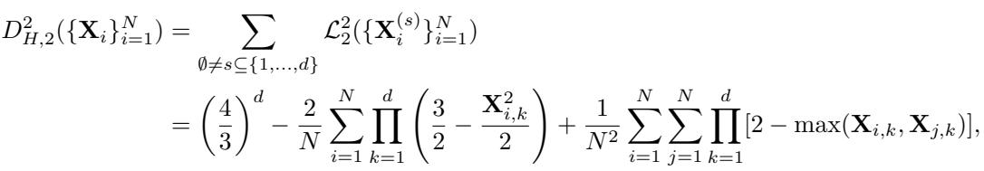 Equation for Hickernell L2 discrepancy showing the summation over subsets of dimensions.