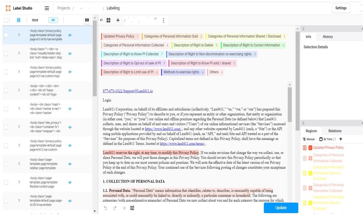 图 2: 我们的 Label Studio 标注实例布局。清理后的隐私政策 HTML 显示在中间，标签列表位于顶部。