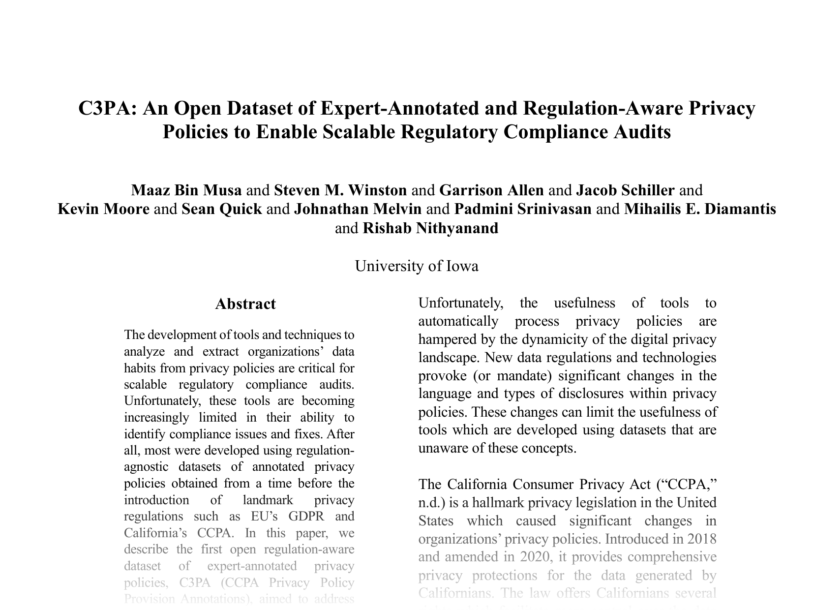 [C3PA: An Open Dataset of Expert-Annotated and Regulation-Aware Privacy Policies to Enable Scalable Regulatory Compliance Audits 🔗](https://arxiv.org/abs/2410.03925)