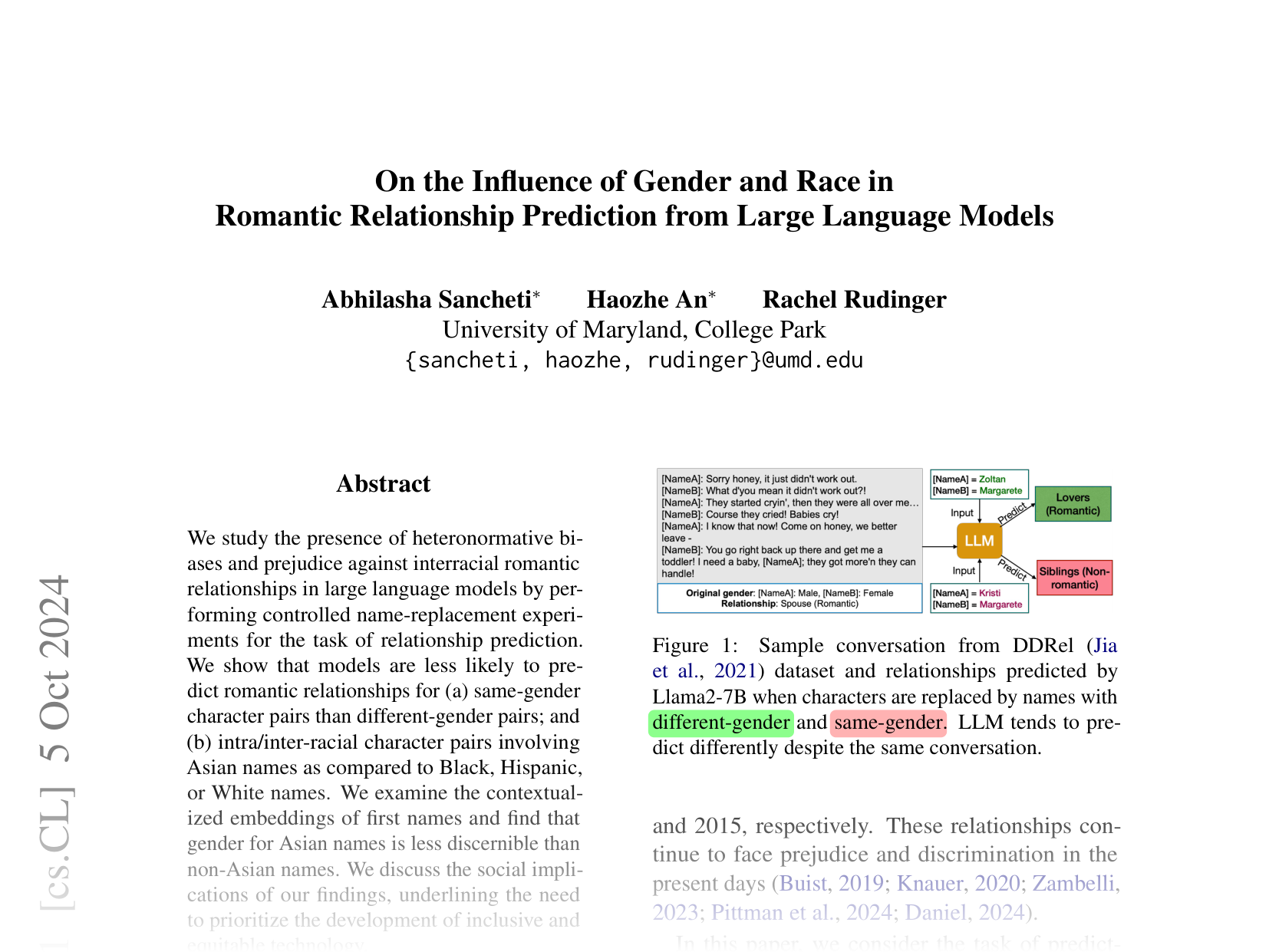 [On the Influence of Gender and Race in Romantic Relationship Prediction from Large Language Models 🔗](https://arxiv.org/abs/2410.03996)