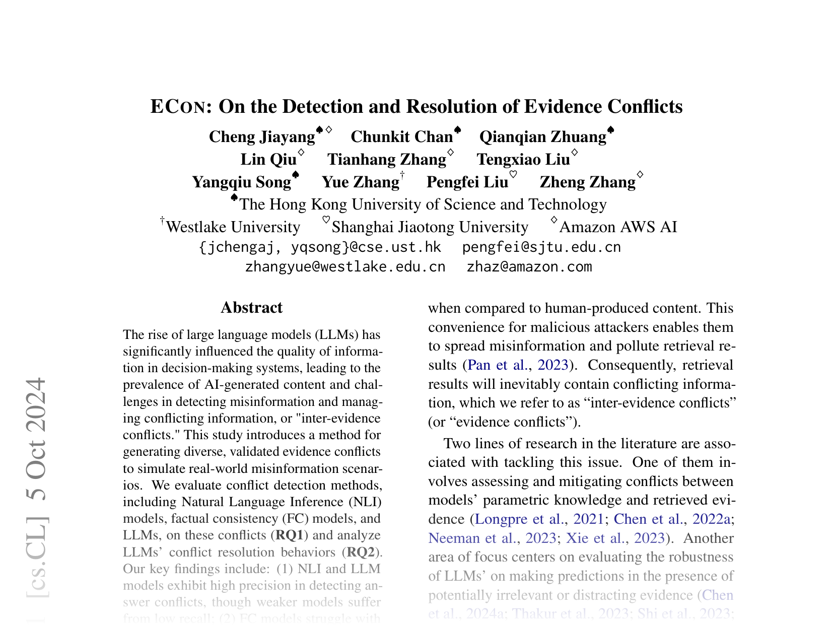 [ECON: On the Detection and Resolution of Evidence Conflicts 🔗](https://arxiv.org/abs/2410.04068)