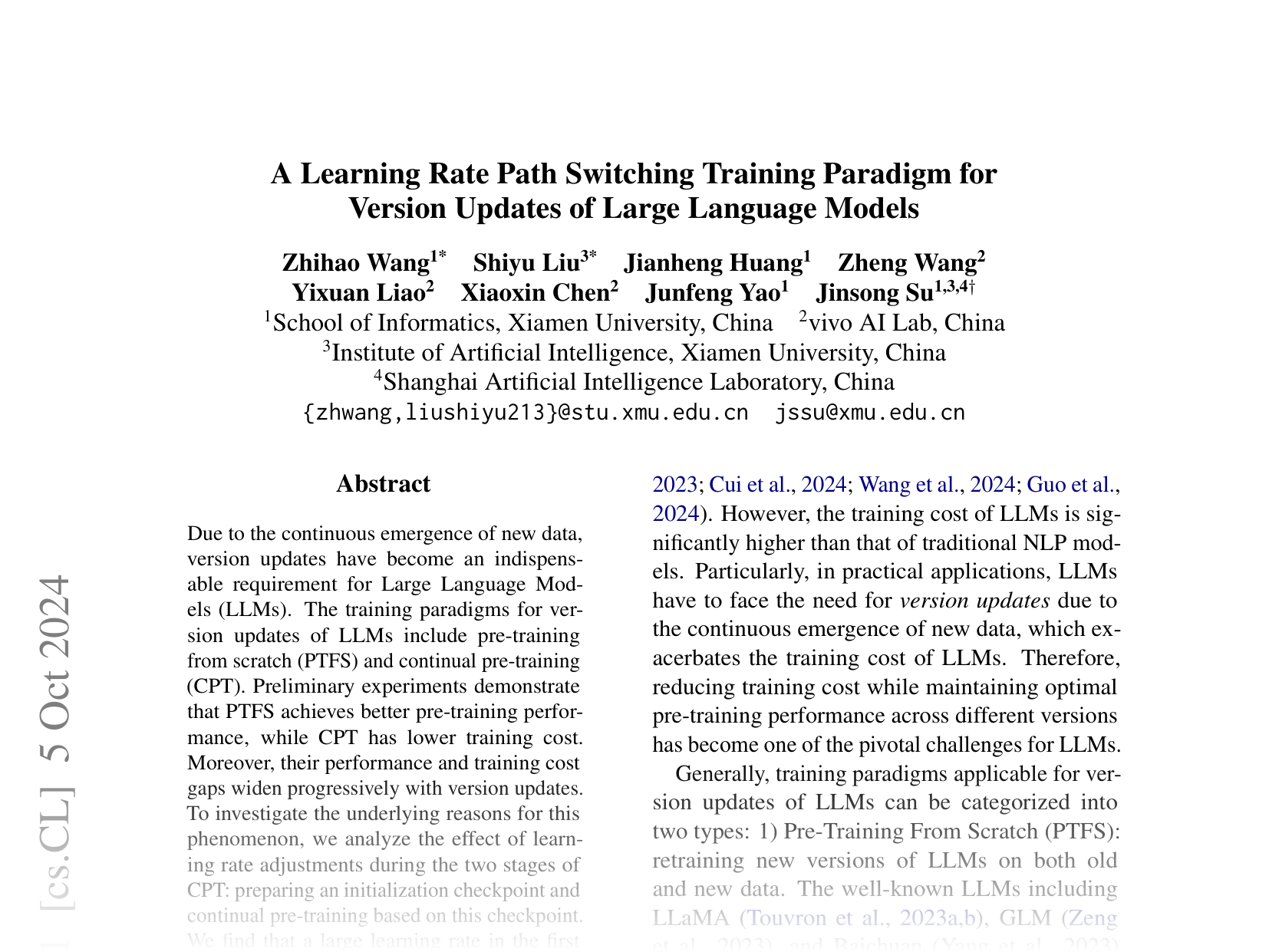 [A Learning Rate Path Switching Training Paradigm for Version Updates of Large Language Models 🔗](https://arxiv.org/abs/2410.04103)
