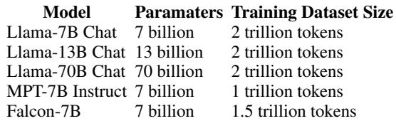 表 1: 模型、其大小及其训练数据中的令牌数量。