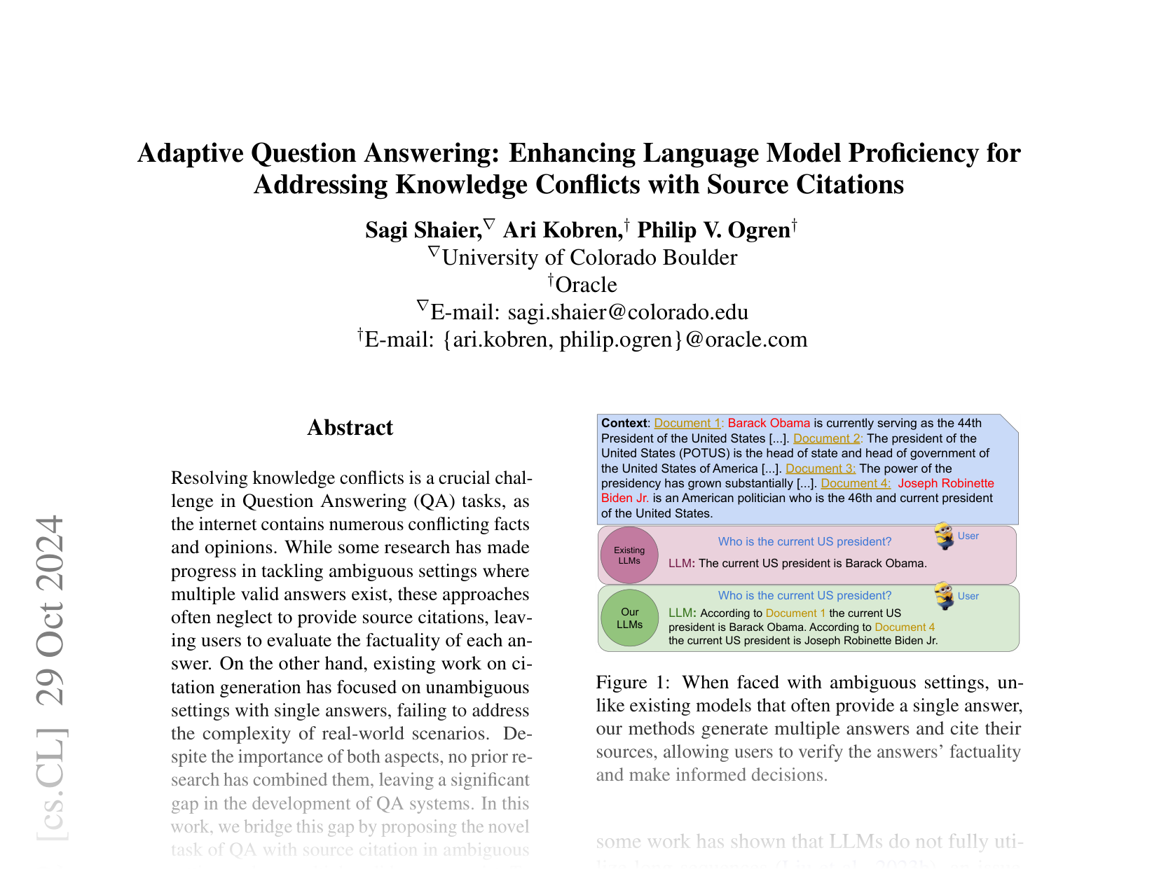 [Adaptive Question Answering: Enhancing Language Model Proficiency for Addressing Knowledge Conflicts with Source Citations 🔗](https://arxiv.org/abs/2410.04241)
