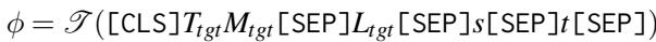 显示包含章节标题 &rsquo;s&rsquo; 和提及 &lsquo;M_tgt&rsquo; 的增强输入表示的公式。
