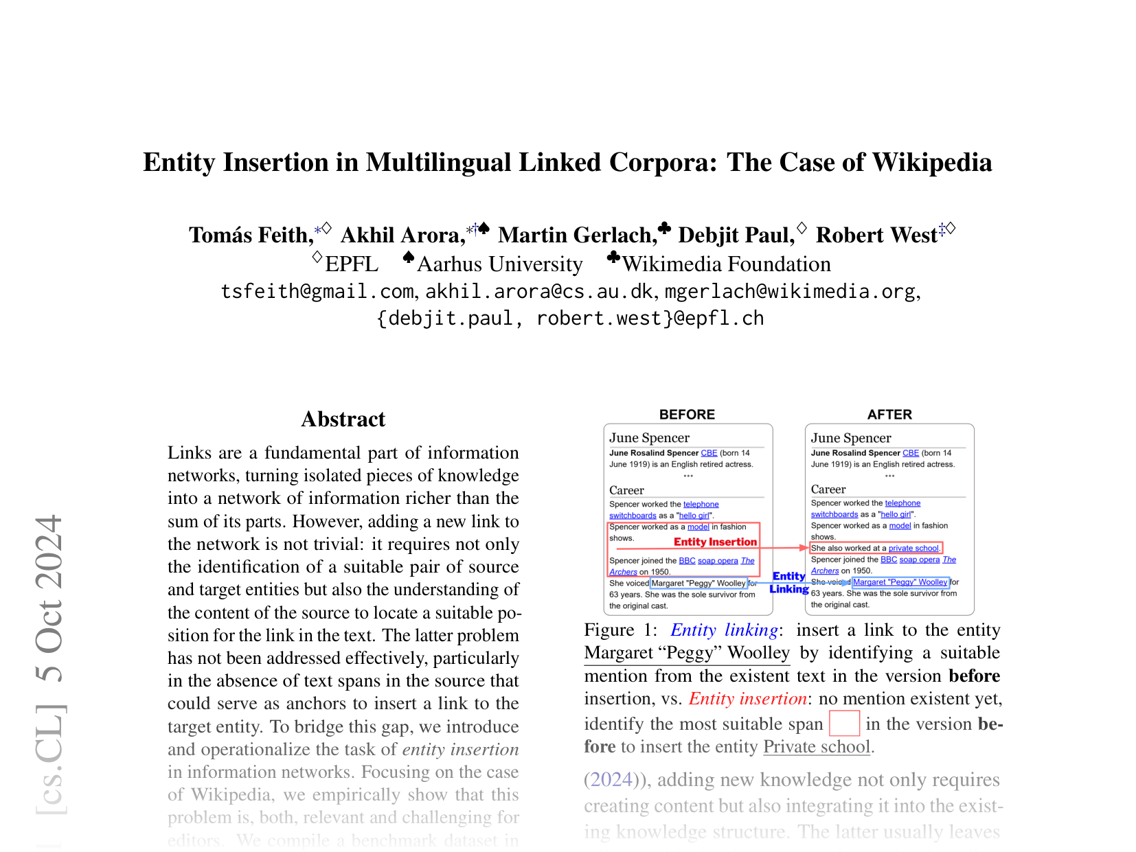 [Entity Insertion in Multilingual Linked Corpora: The Case of Wikipedia 🔗](https://arxiv.org/abs/2410.04254)