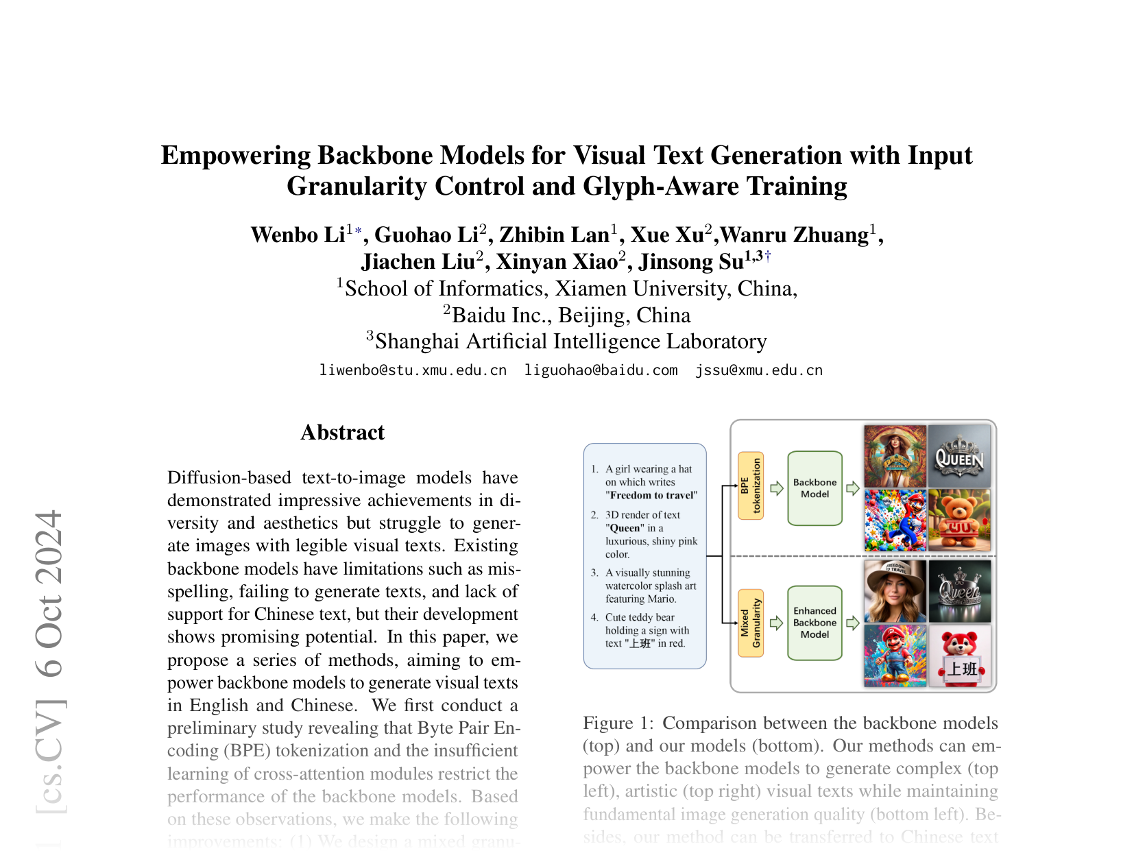[Empowering Backbone Models for Visual Text Generation with Input Granularity Control and Glyph-Aware Training 🔗](https://arxiv.org/abs/2410.04439)