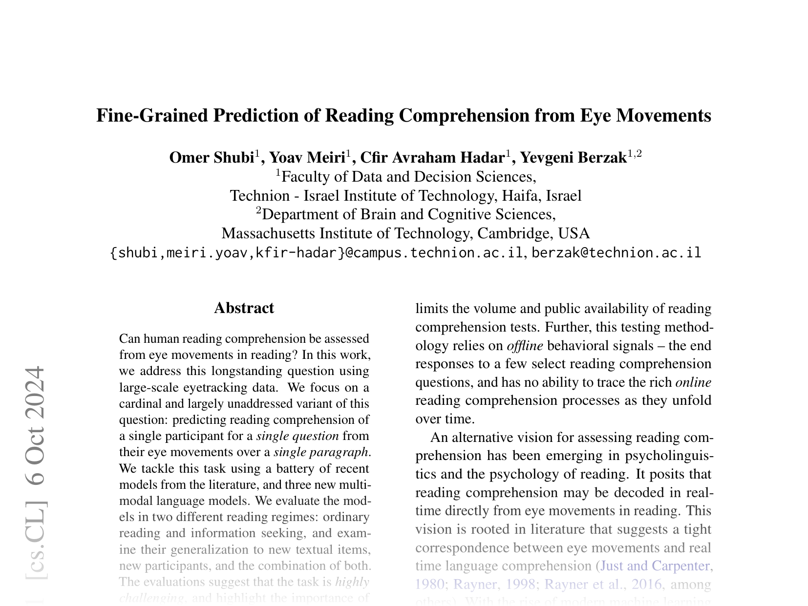 [Fine-Grained Prediction of Reading Comprehension from Eye Movements 🔗](https://arxiv.org/abs/2410.04484)