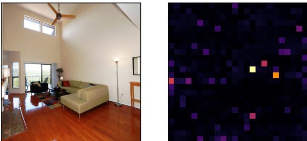 图 4: “时钟 (clock)” token 的 LLM 解码器注意力图 (幻觉) 。注意力主要集中在背景中的离群 token 上，其位置与图 2 右侧子图中视觉编码器注意力图的位置相同。