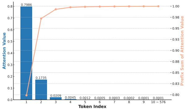 图 7: 视觉编码器中按注意力值排序的 token 所占整体注意力图的比例。