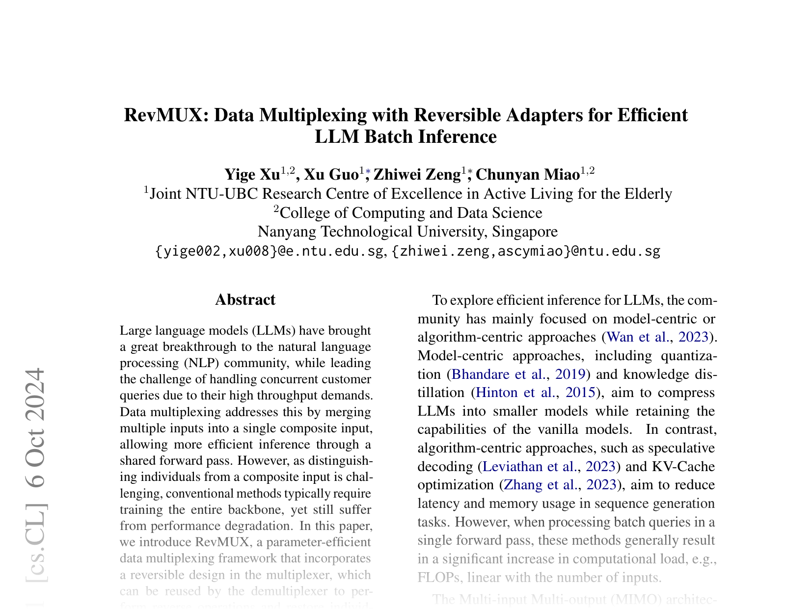 [RevMUX: Data Multiplexing with Reversible Adapters for Efficient LLM Batch Inference 🔗](https://arxiv.org/abs/2410.04519)