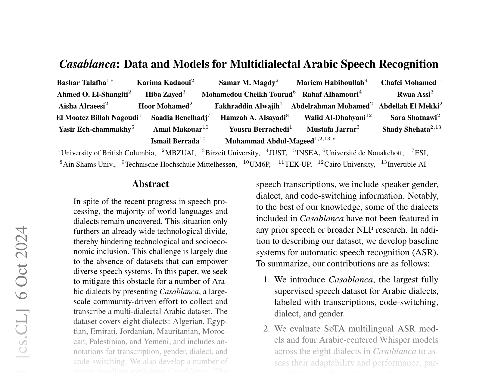 [Casablanca: Data and Models for Multidialectal Arabic Speech Recognition 🔗](https://arxiv.org/abs/2410.04527)