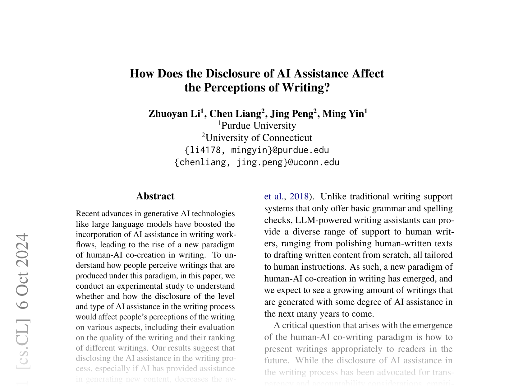 [How Does the Disclosure of AI Assistance Affect the Perceptions of Writing? 🔗](https://arxiv.org/abs/2410.04545)