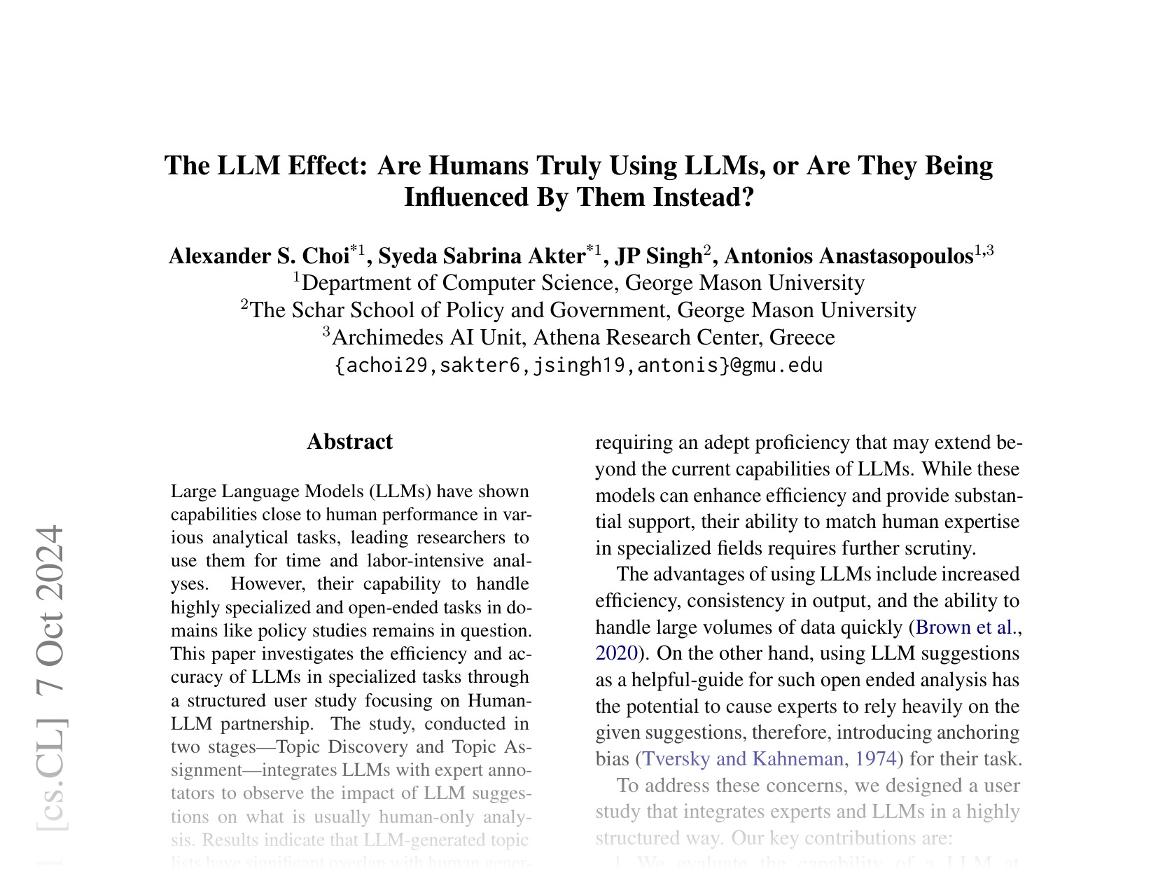 [The LLM Effect: Are Humans Truly Using LLMs, or Are They Being Influenced By Them Instead? 🔗](https://arxiv.org/abs/2410.04699)
