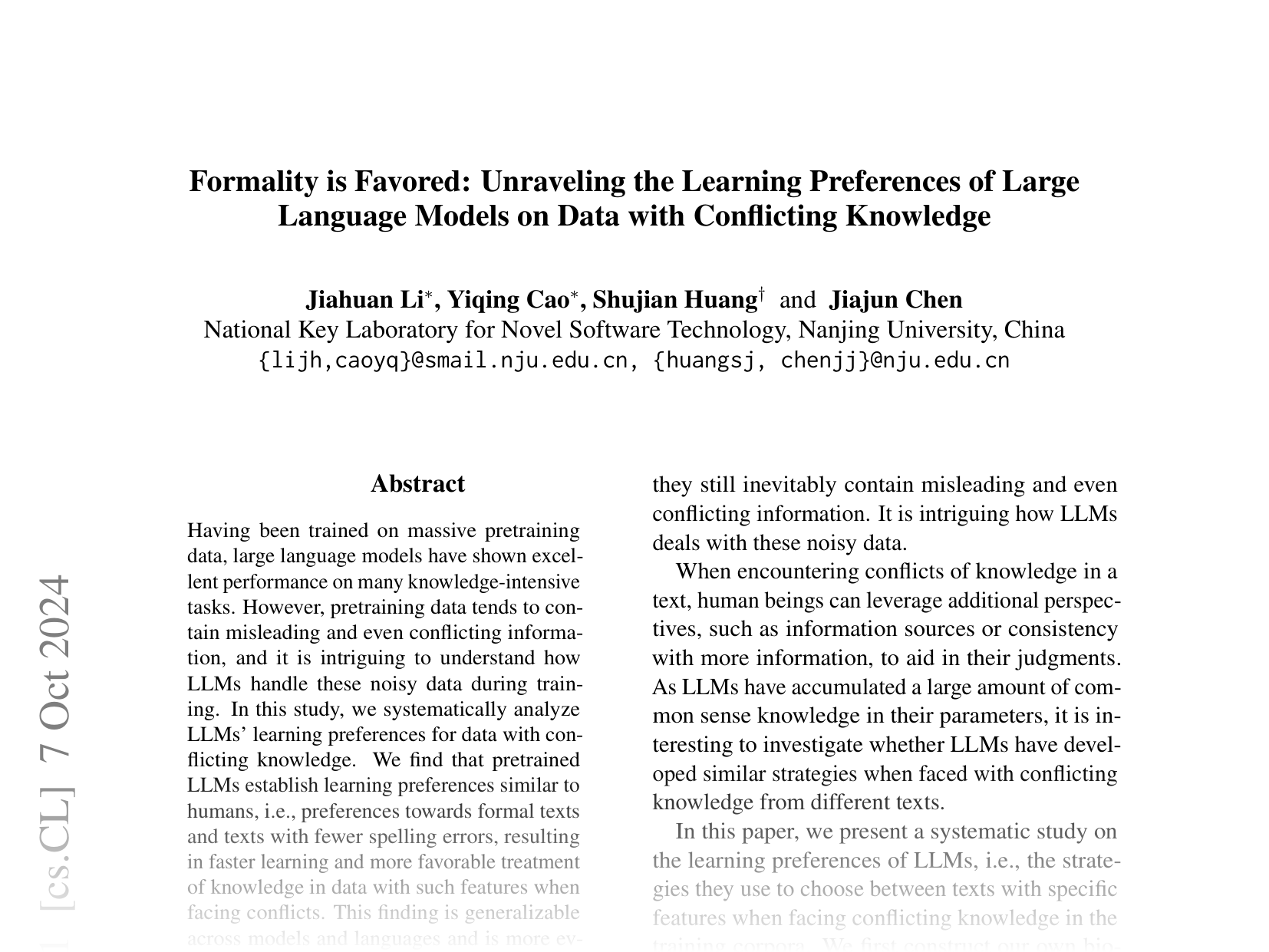 [Formality is Favored: Unraveling the Learning Preferences of Large Language Models on Data with Conflicting Knowledge 🔗](https://arxiv.org/abs/2410.04784)