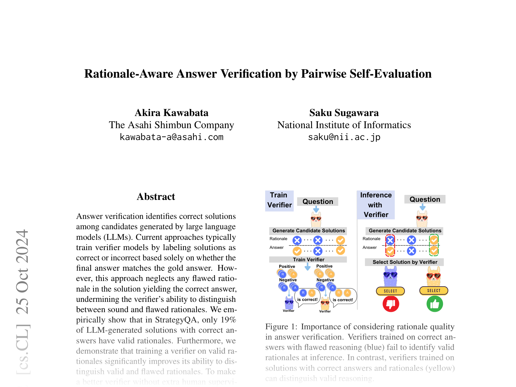 [Rationale-Aware Answer Verification by Pairwise Self-Evaluation 🔗](https://arxiv.org/abs/2410.04838)