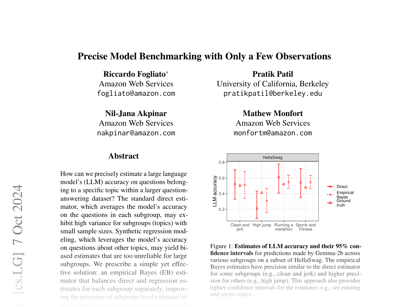 [Precise Model Benchmarking with Only a Few Observations 🔗](https://arxiv.org/abs/2410.05222)
