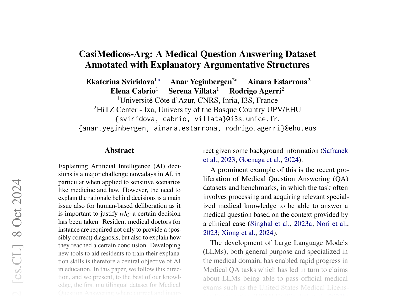 [CasiMedicos-Arg: A Medical Question Answering Dataset Annotated with Explanatory Argumentative Structures 🔗](https://arxiv.org/abs/2410.05235)