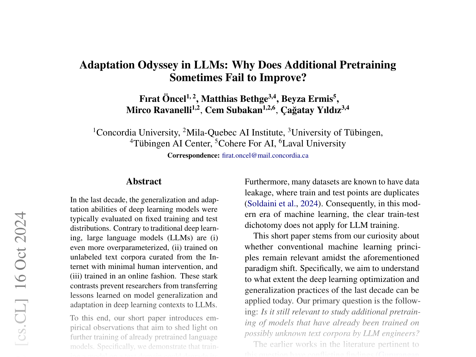 [Adaptation Odyssey in LLMs: Why Does Additional Pretraining Sometimes Fail to Improve? 🔗](https://arxiv.org/abs/2410.05581)