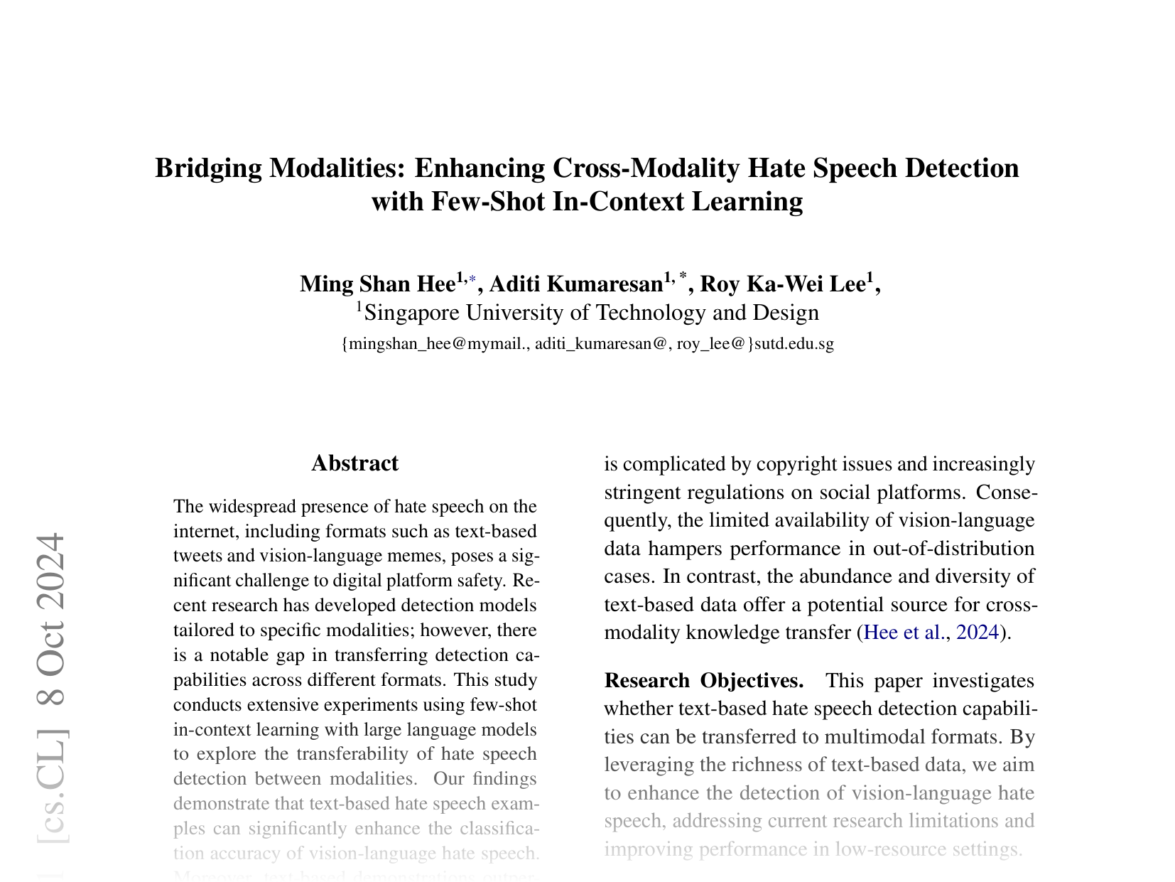 [Bridging Modalities: Enhancing Cross-Modality Hate Speech Detection with Few-Shot In-Context Learning 🔗](https://arxiv.org/abs/2410.05600)