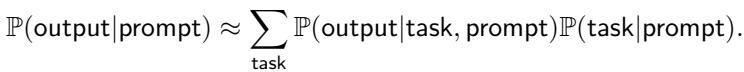 Equation showing the probability of output given prompt as a sum over tasks.